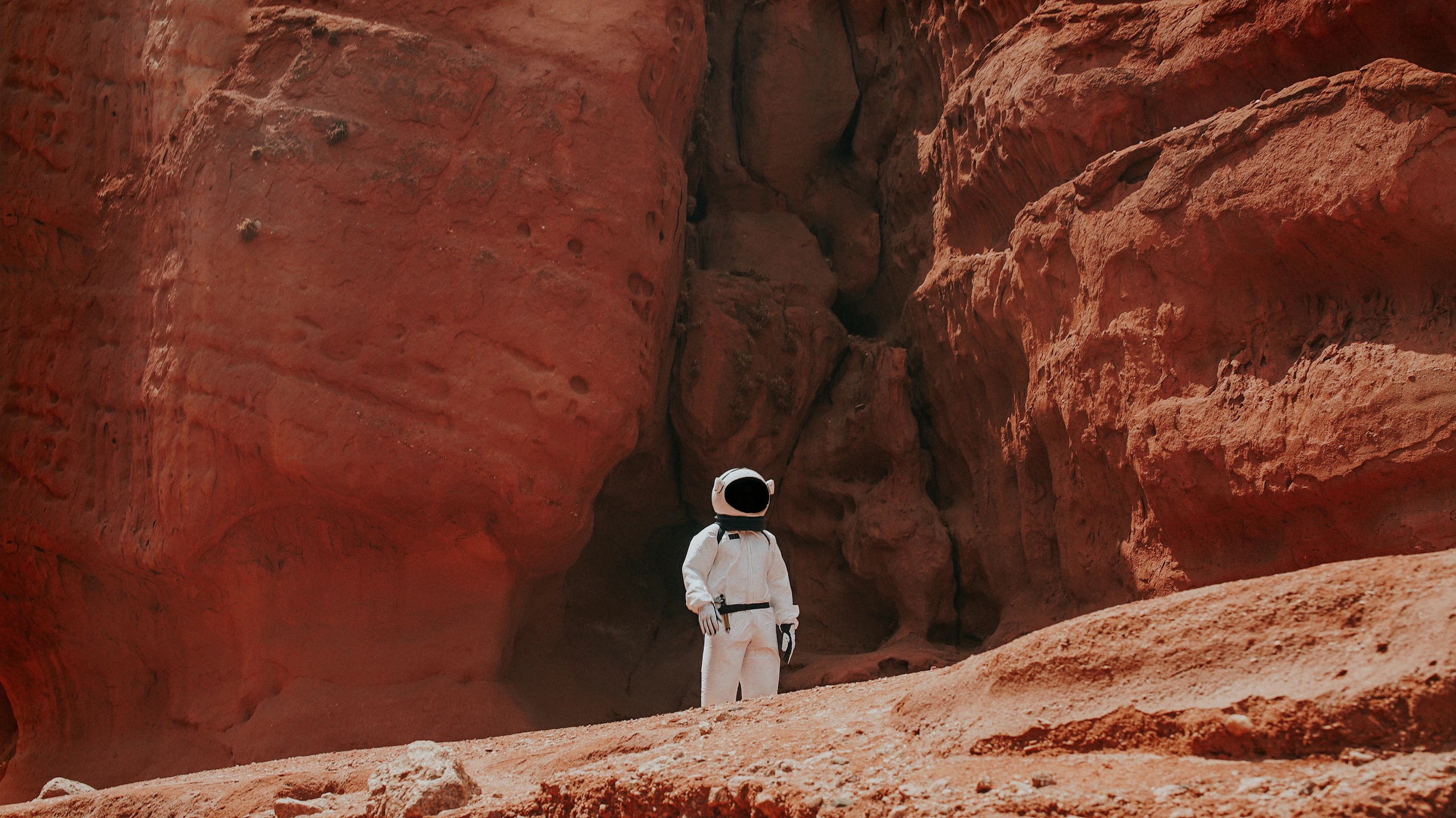 An astronaut standing in a red Martian canyon